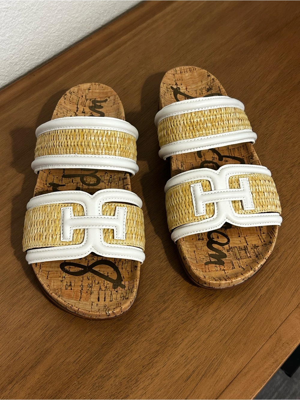 Sam Edelman White and Natural Straw Double Strap Slide Sandals - Picture 2 of 5